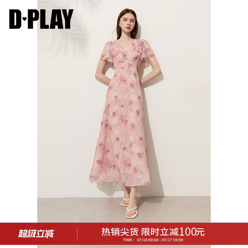 DPLAY【度假系列】粉色印花V领荷叶袖A字连衣裙2026夏季