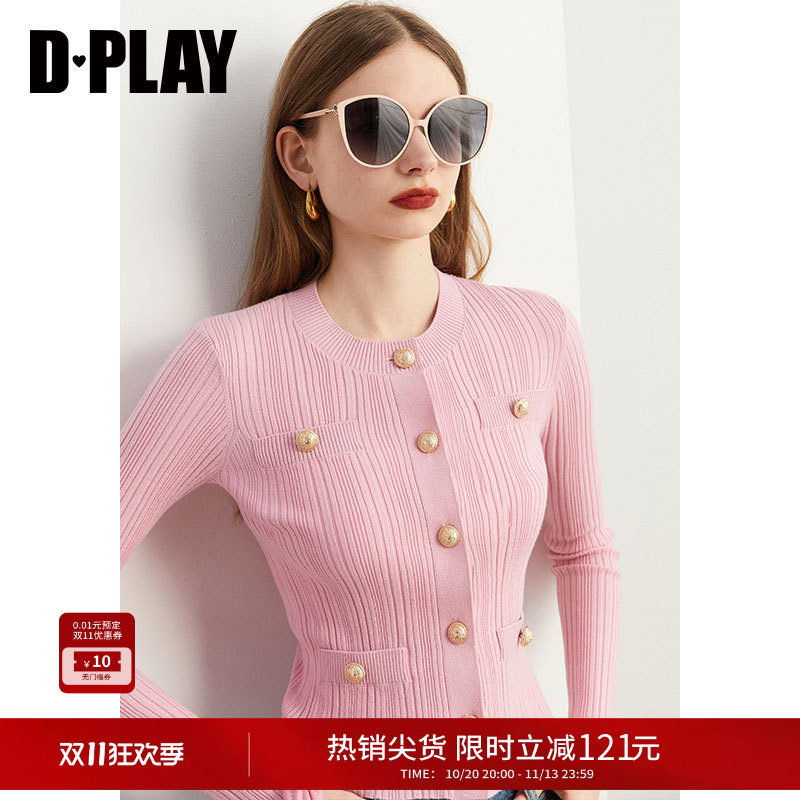 DPLAY2026年秋季粉色毛衣女小香风针织衫修身外套内搭打底衫上衣