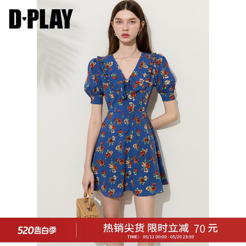 DPLAY【度假系列】蓝色印花连衣裙女泡泡袖气质短裙2026年夏季