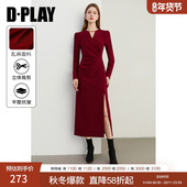 风红色圆领羊腿袖 DPLAY2025秋季 法式 侧开衩收腰订婚服连衣裙红裙