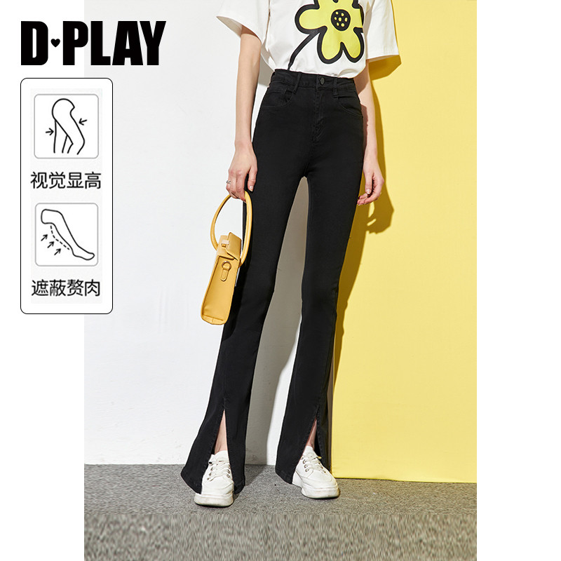 DPLAY2025春季黑色牛仔裤女高腰开叉喇叭裤女士长裤复古修身裤子,女装/女士精品,牛仔裤,淘宝优惠券,粉丝福利购,淘宝优惠卷