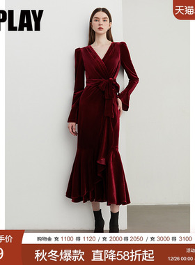 DPLAY2025秋季新款法式红色连衣裙丝绒鱼尾裙长裙厅里厅气连衣裙