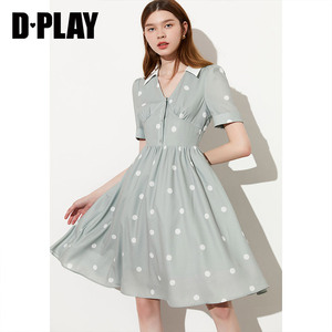 Dplay德帕拉夏季新款灰豆绿复古波点短袖收腰时尚森系遮腹连衣裙