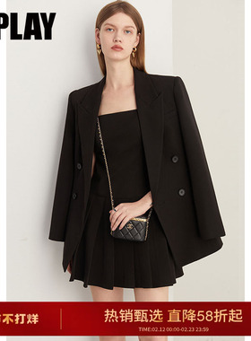 DPLAY2025年秋季新款OL气质黑色西装女双排扣宽松套装外套长袖