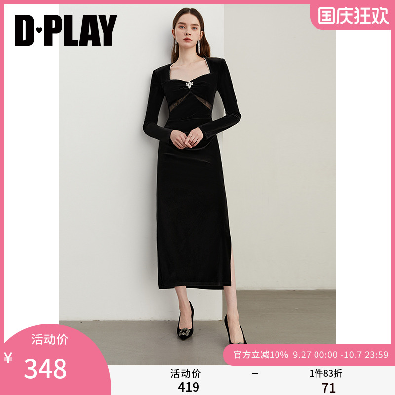 DPLAY方领珍珠丝绒连衣裙