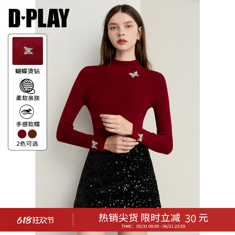 DPLAY冬季新款红色针织衫女蝴蝶高级修身时尚气质小衫上衣