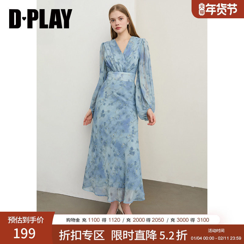 DPLAY2025年秋季新款蓝色连衣裙女泡泡袖印花雪纺裙子收腰长裙,女装/女士精品,连衣裙,淘宝优惠券,粉丝福利购,淘宝优惠卷