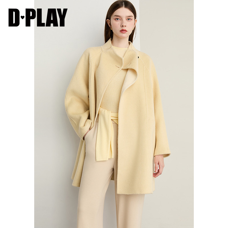 DPLAY2025年冬季新款黄色大衣女100羊毛气质时髦短款双面呢子外套