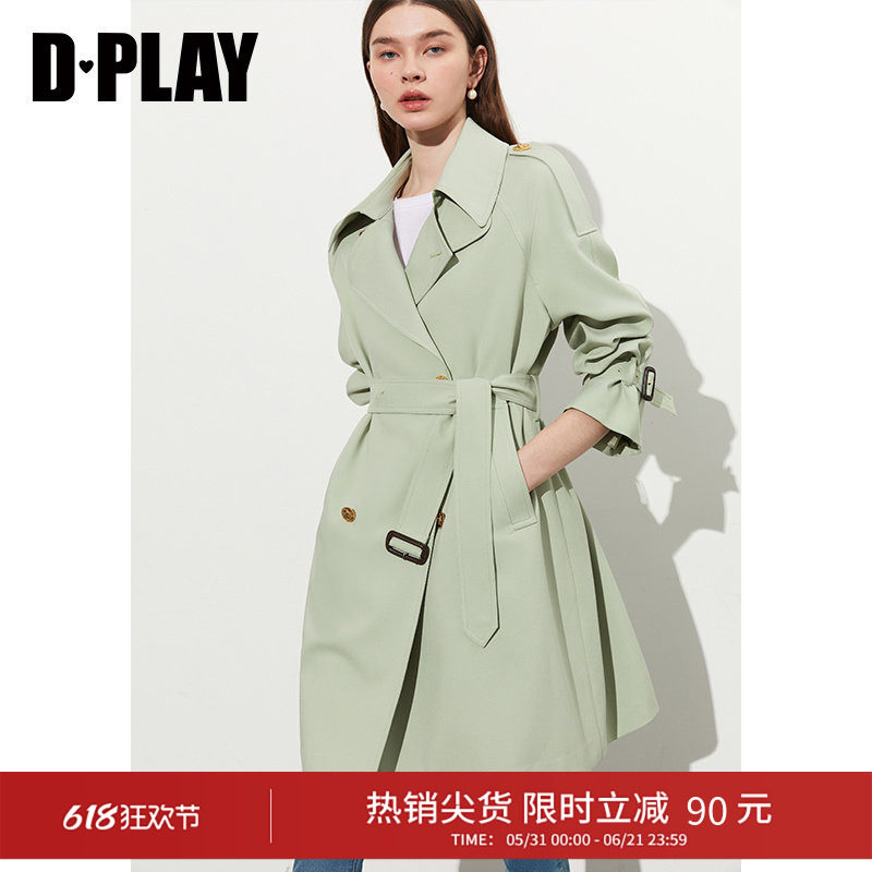 DPLAY2026年春季高级感OL英伦风绿色大码气质风衣通勤风女士外套