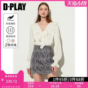 上衣女 DPLAY春法式 杏色v领蝴蝶结系带不对称荷叶边设计雪纺衫