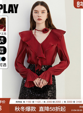 DPLAY红色衬衫女时尚气质法式雪纺衫春季新款独特上衣长袖衬衣