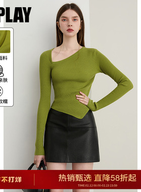 DPLAY2025秋季新款绿色针织衫女法式独特不对称设计修身长袖上衣