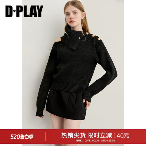 DPLAY冬季新品黑色露肩翻领针织衫慵懒风气质女士毛衣