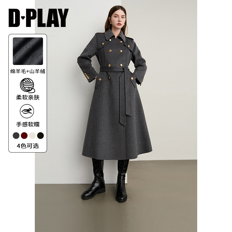 双面呢大衣，插袋，袖口单排金属扣装饰