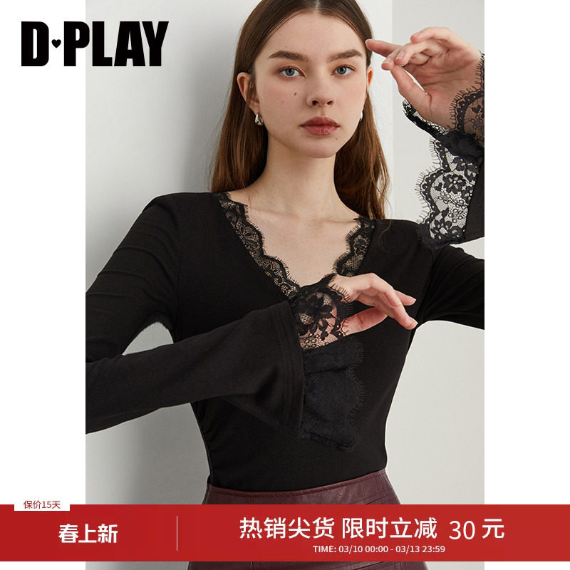 DPLAY秋季新款气质简约黑色T恤女洋气时尚修身打底衫小衫长袖