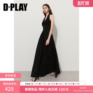 DPLAY2026年夏季黑色连衣裙挂脖收腰大摆裙子扭结露背长款礼服裙