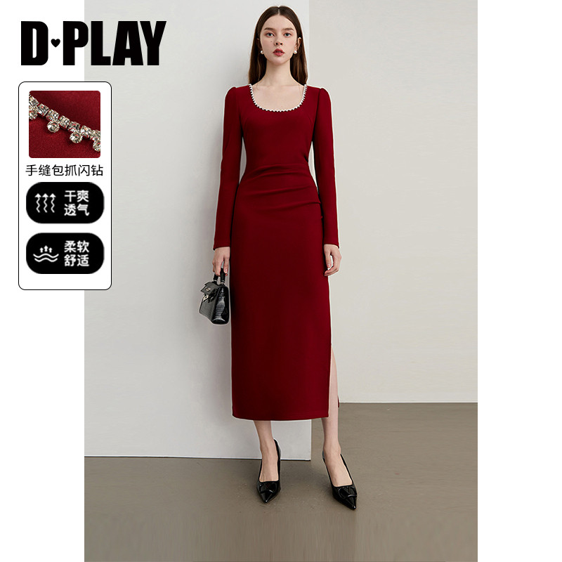 DPLAY秋季新款红色宴会连衣裙女修身订婚敬酒服礼服裙子长裙图片