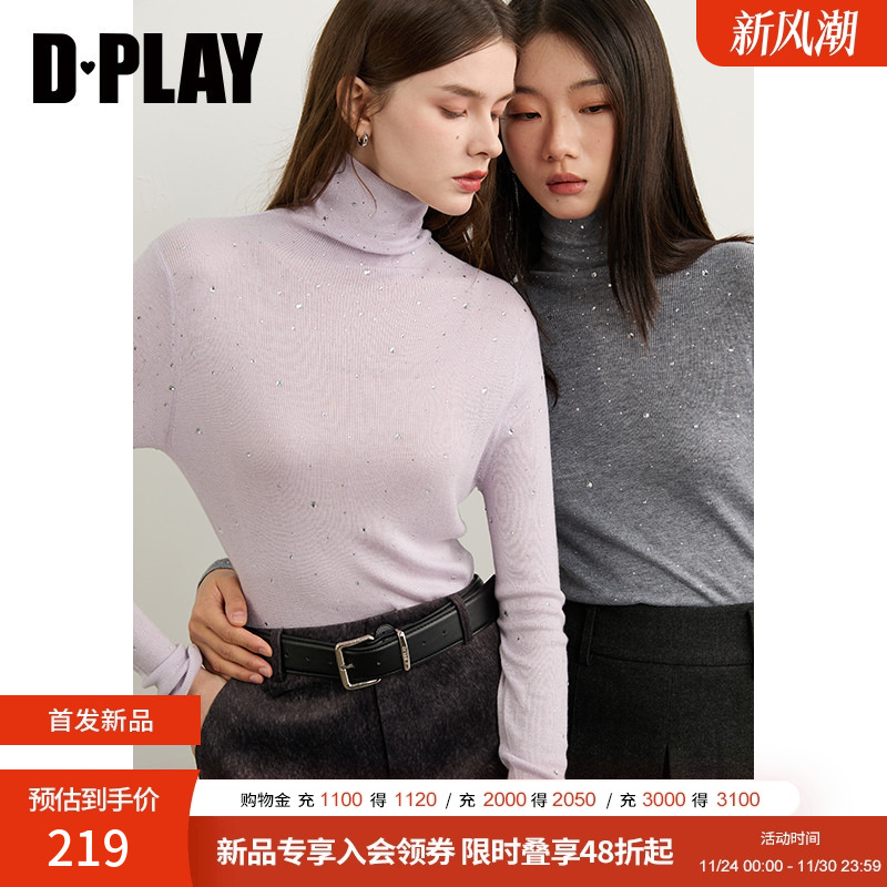 DPLAY2025年冬季新款灰色针织打底衫女高领全身烫钻好看针织衫