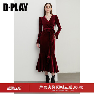 DPLAY秋季新款法式红色连衣裙丝绒鱼尾裙长裙厅里厅气连衣裙