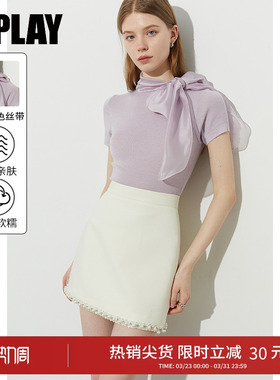DPLAY【惠品】2026年夏季新气质紫色上衣女法式蝴蝶结针织衫短袖