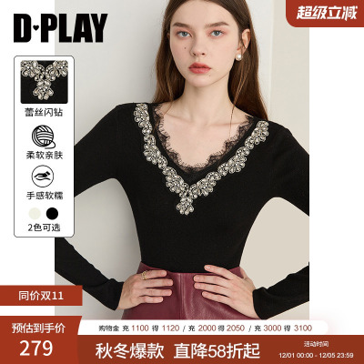 DPLAY2025秋季新款黑色V领蕾丝拼接针织打底衫优雅长袖上衣女