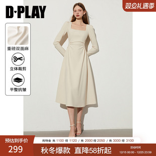 裙子气质长裙 白色连衣裙女复古方领收腰长款 DPLAY2025秋季 法式