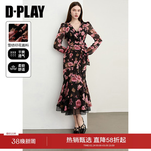 DPLAY2026年春季新款黑色连衣裙女长款气质法式长袖雪纺印花裙子
