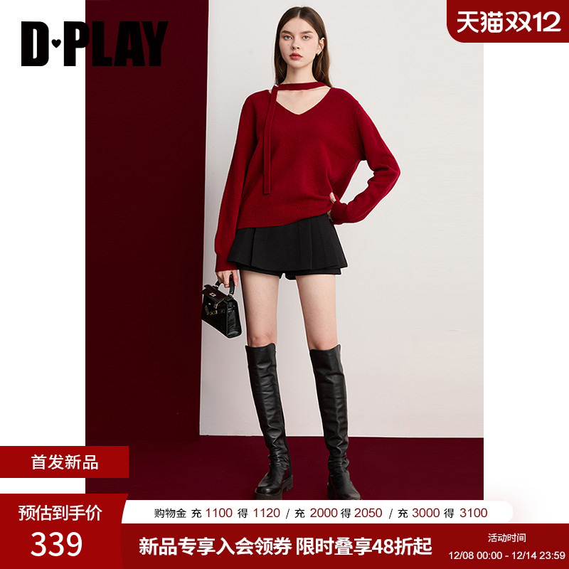 DPLAY2025年冬季新款红色针织衫女V领花朵100羊毛时尚好看小衫
