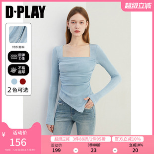 t恤上衣打底衫 DPLAY秋季 长袖 新款 女 气质日常蓝色方领收腰修身