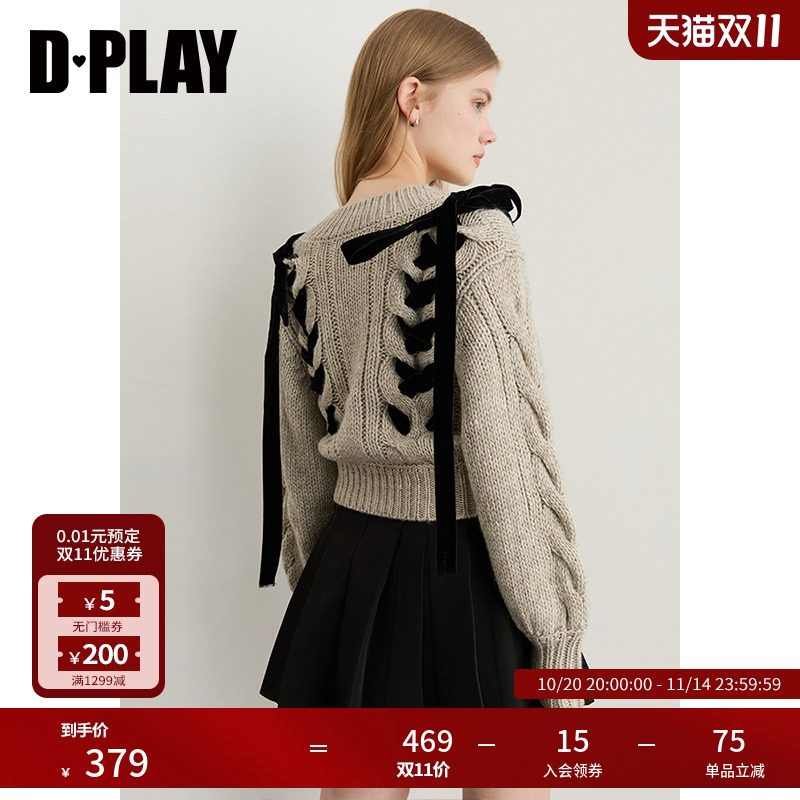 DPLAY2025年秋季新款灰色针织衫女V领撞色蝴蝶结气质含羊毛上衣