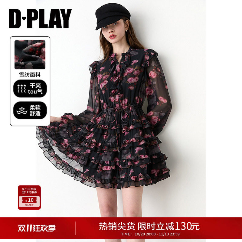 DPLAY黑色粉印花连衣裙2026秋季新款长袖雪纺收腰小个子短款裙子