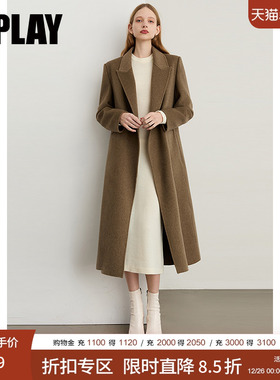 DPLAY2025年冬季新款绿色羊毛毛呢大衣女长款含羊绒双面呢子大衣
