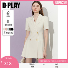 DPLAY2025夏季新款白色西装连衣裙女短袖西装裙百褶裙气质裙子