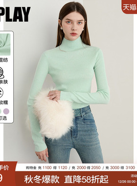 DPLAY2025年秋季新款蓝色针织衫女高领羊毛打底衫修身长袖上衣
