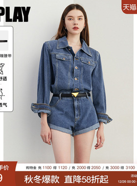 DPLAY2026春季新款复古日常通勤蓝色连体裤女高腰原色牛仔裤短裤