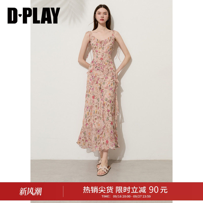 DPLAY粉色印花荷叶边连衣裙2026夏季新款吊带长裙海边度假裙子女图片