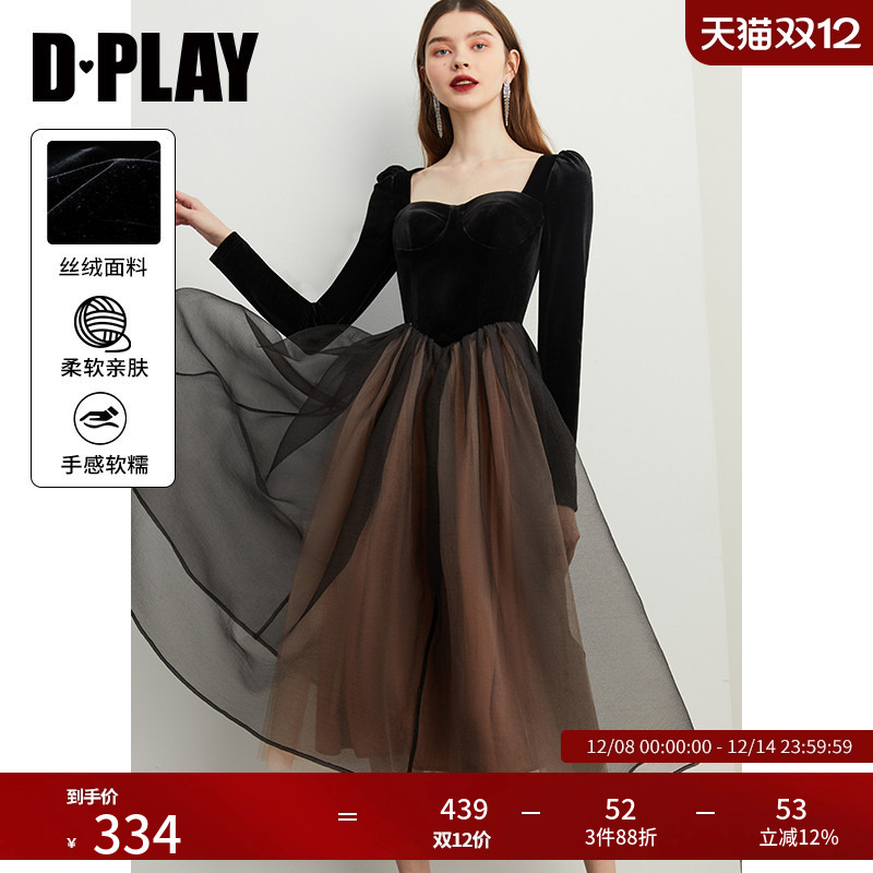 DPLAY年冬季新款法式黑色连衣裙女丝绒礼服裙公主裙小黑裙