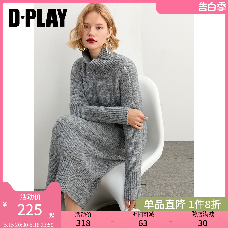 DPLAY秋装新法式复古落肩针织连衣裙通勤风花灰色宽松毛衣裙