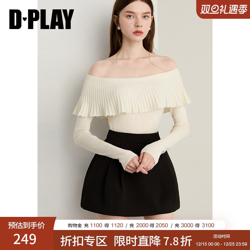 DPLAY2025秋季新款白色一字肩露肩打底针织衫女百搭长袖上衣
