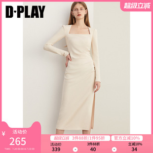 DPLAY春装 连衣裙气质领证小白裙长裙礼服女 法式 别致白色方领长袖
