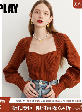 DPLAY2025秋季法式方领毛衣红色针织衫灯笼袖毛衣厚款上衣女