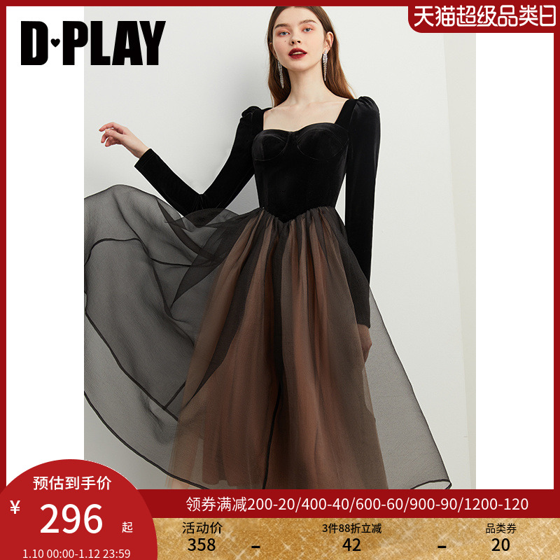 DPLAY秋冬连衣裙赫本风丝绒连衣裙黑色礼服裙冬季公主裙晚礼服