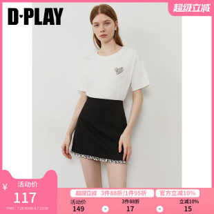 上衣 DPLAY2025年夏季 新款 白色t恤女好看独特闪钻爱心法式 圆领短袖