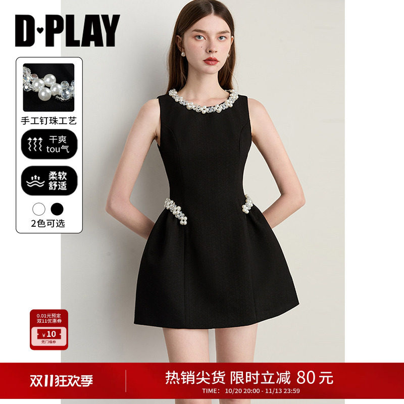 DPLAY黑色圆领礼服裙女织带时尚短款裙子连衣裙2026年秋季新款