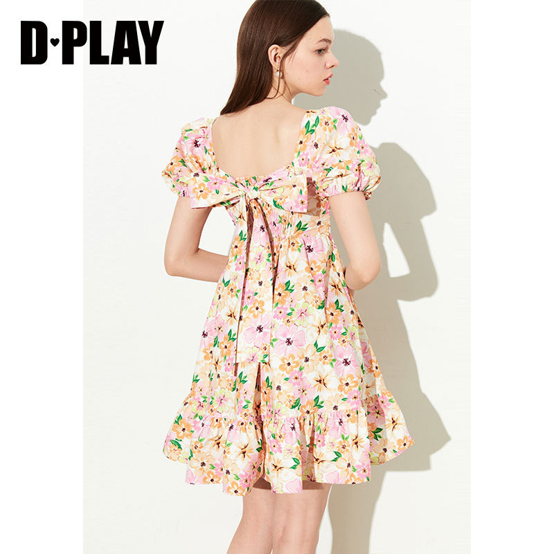 DPLAY夏新度假氛围感粉调水彩连衣裙女蝴蝶结大摆蓬蓬裙沙滩裙
