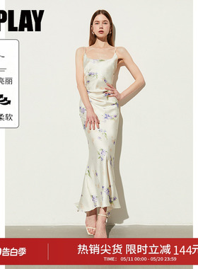 DPLAY夏季度假缎面白色印花吊带裙连衣裙女沙滩裙长裙裙子