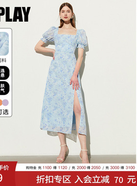 DPLAY夏季新款气质法式方领蓝色连衣裙女海边度假裙沙滩裙