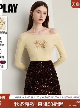 DPLAY2025年秋季新款黄色上衣女一字肩镂空气质流行针织打底衫