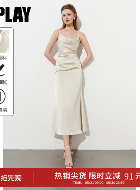 DPLAY夏季新款白色度假吊带连衣裙女礼服裙网纱缎面长裙