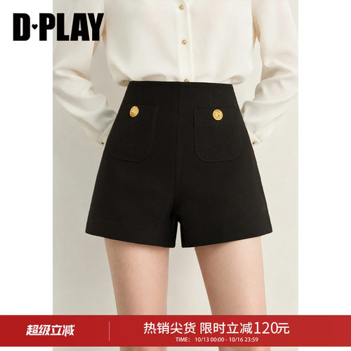DPLAY 黑色小香风高腰短裤女金A字阔腿西装短裤百搭2026秋季新款